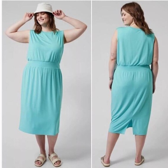 NWT Athleta Santorini Cinch Dress 3X Turquoise Blue Green Stretch Midi Lined - Picture 1 of 10
